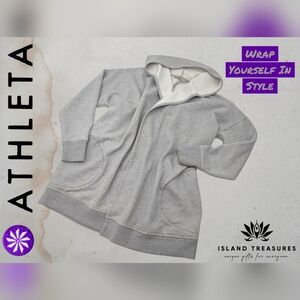 Athleta Prajna Gray Sz L Fleece Lined Open Front Hooded  Cotton Cardigan Coat